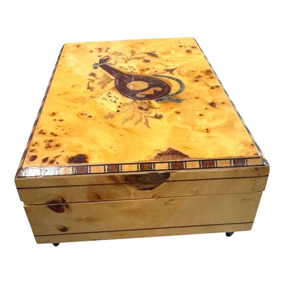 Vtg Italy Inlaid Music Box Swiss Thorens Movement Jaccard Mandolin Notes Burl - Picture 9 of 11